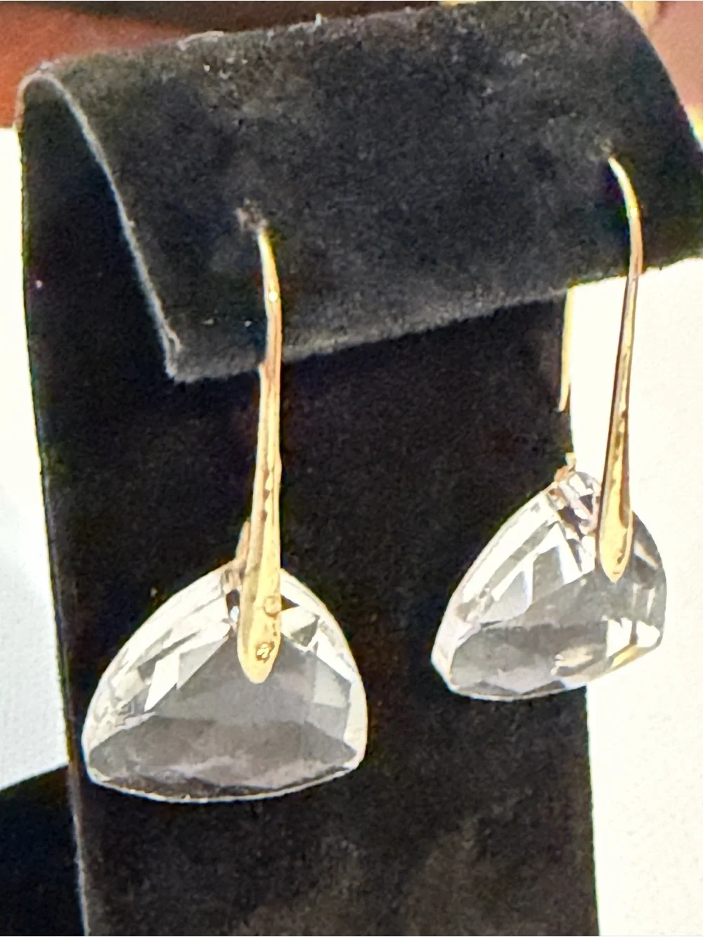 Vtg 90s Clear Crystal Faceted Drop Earrings Long Gold Wire Hook Deadstock